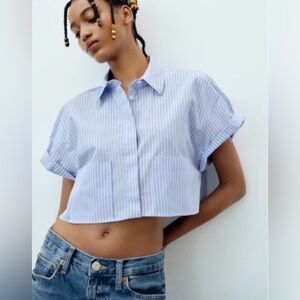 Zara Blue & White Striped Cropped Poplin Shirt | Size L